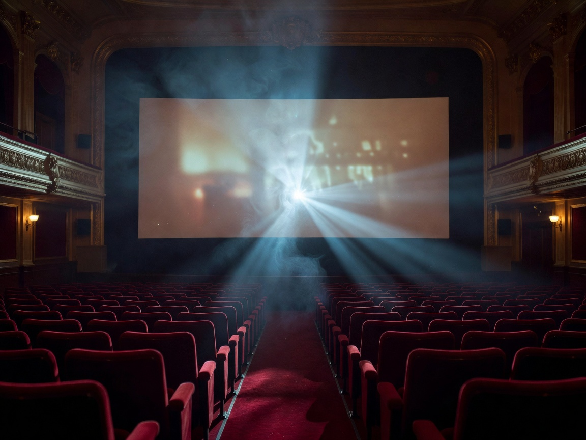 Cinema screen 70mm projection beam for Oppenheimer