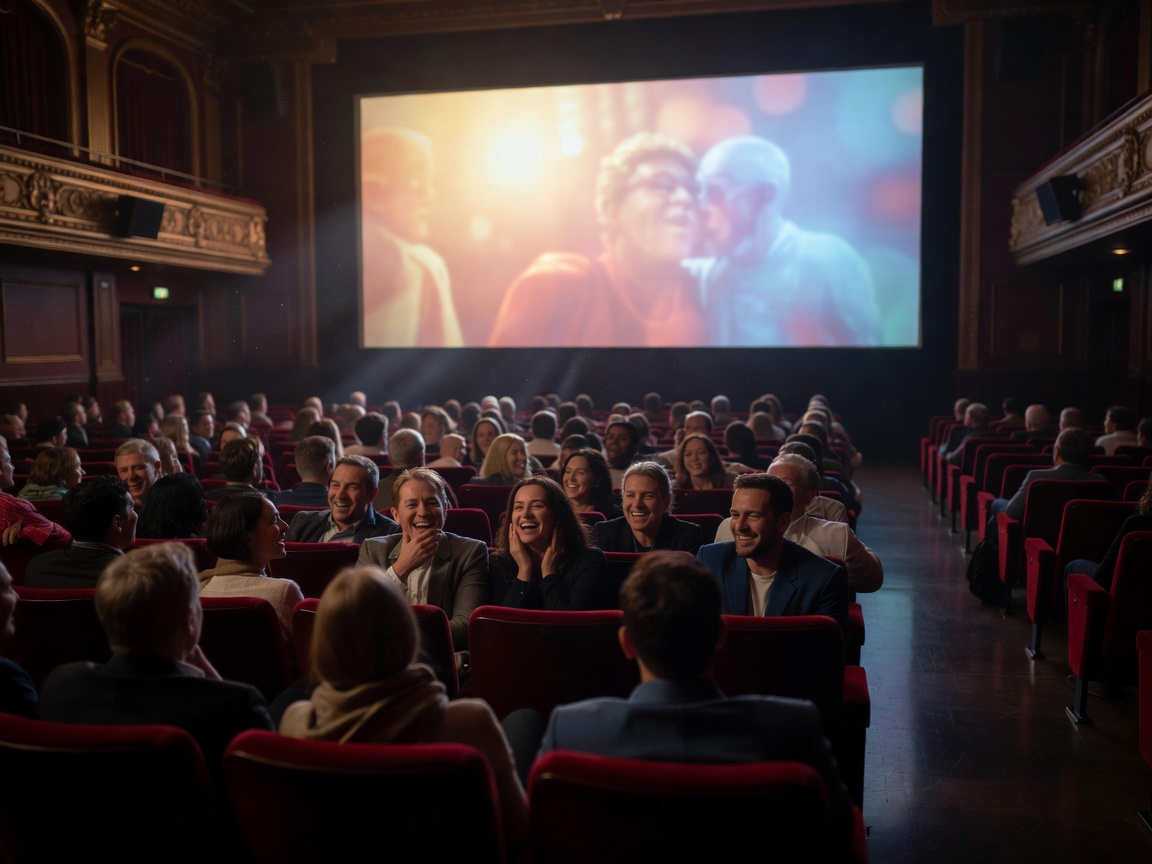 Cinema screen illuminating crowd enjoying British romantic comedy in London theater