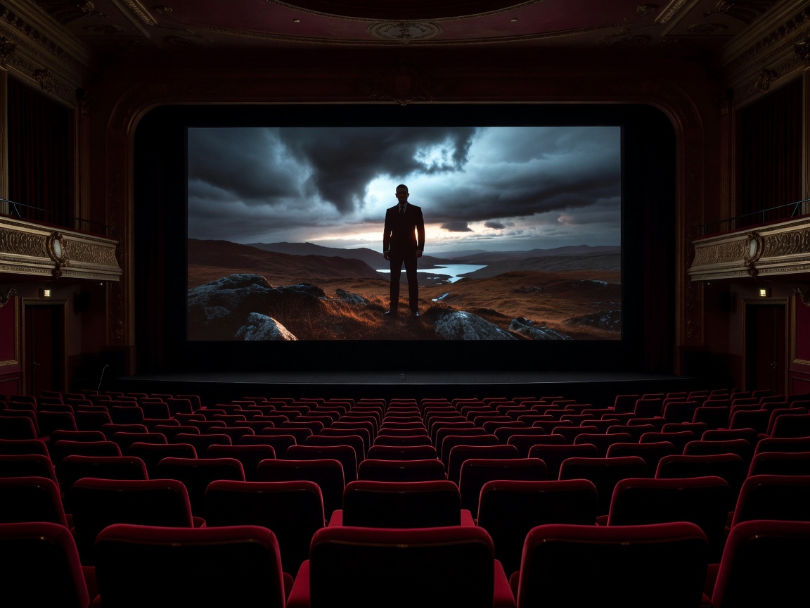 Cinema theater screen displaying Skyfall British blockbuster